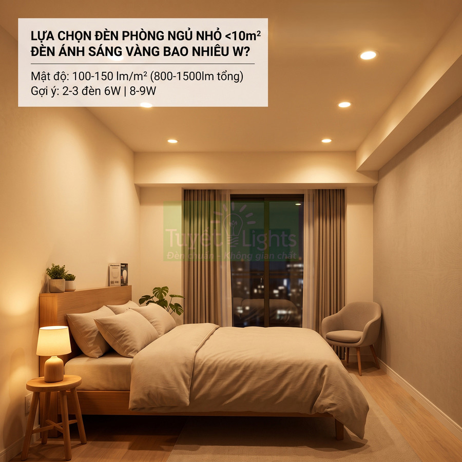 Phòng ngủ nhỏ dùng đèn LED âm trần và đèn bàn ánh sáng vàng ấm cho không gian thư giãn