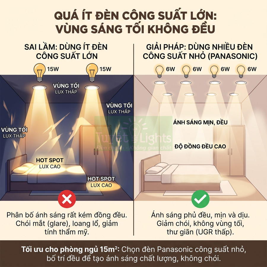 So sánh bố trí đèn Panasonic công suất nhỏ cho phòng ngủ 15m2 với cách dùng ít đèn công suất lớn