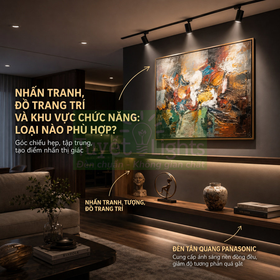 Đèn rọi ray chiếu tranh Panasonic trong phòng khách hiện đại, làm nổi bật tranh treo tường và đồ trang trí gỗ