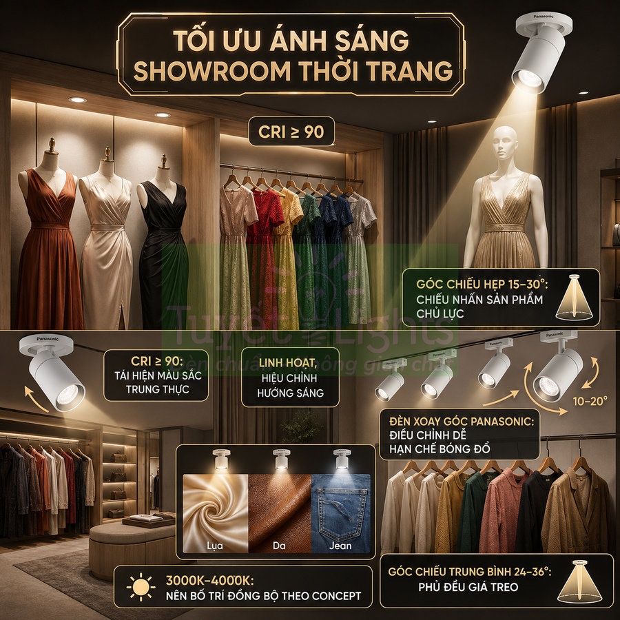 Đèn rọi ray Panasonic CRI cao chiếu sáng showroom thời trang với ma nơ canh và váy dạ hội nhiều màu