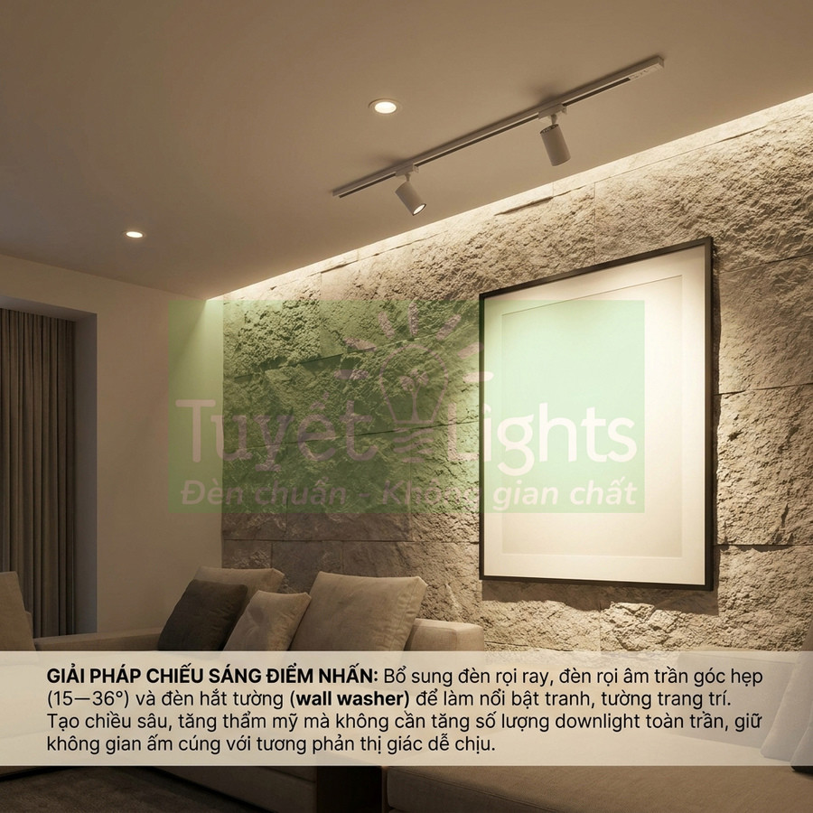 Đèn rọi ray và đèn âm trần Tuyết Lights chiếu sáng điểm nhấn cho tranh treo tường phòng khách hiện đại