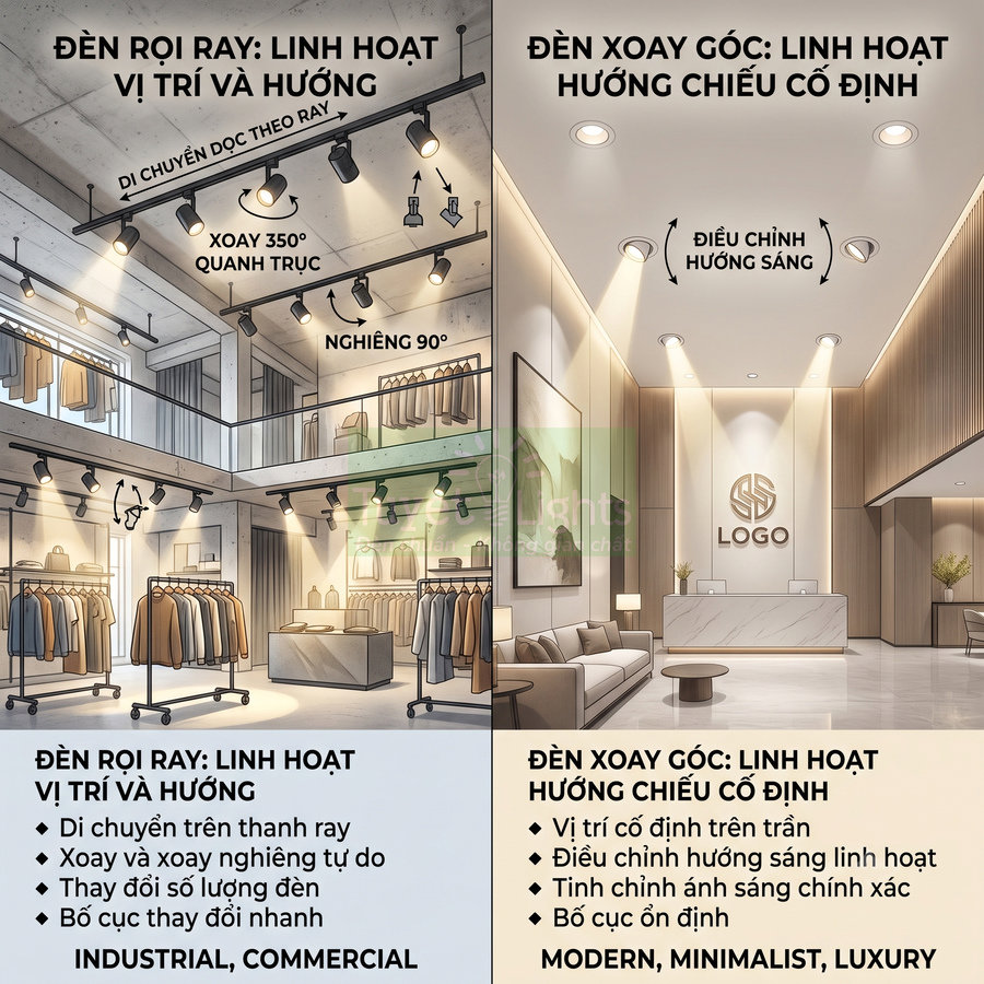 So sánh đèn rọi ray và đèn xoay góc cho cửa hàng thời trang và sảnh lễ tân hiện đại
