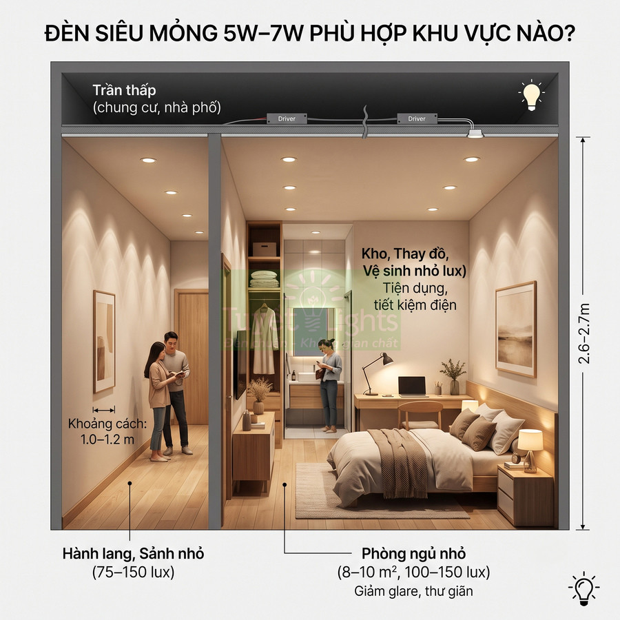 Đèn LED âm trần siêu mỏng 5W 7W lắp cho trần thấp hành lang và phòng ngủ nhỏ trong căn hộ