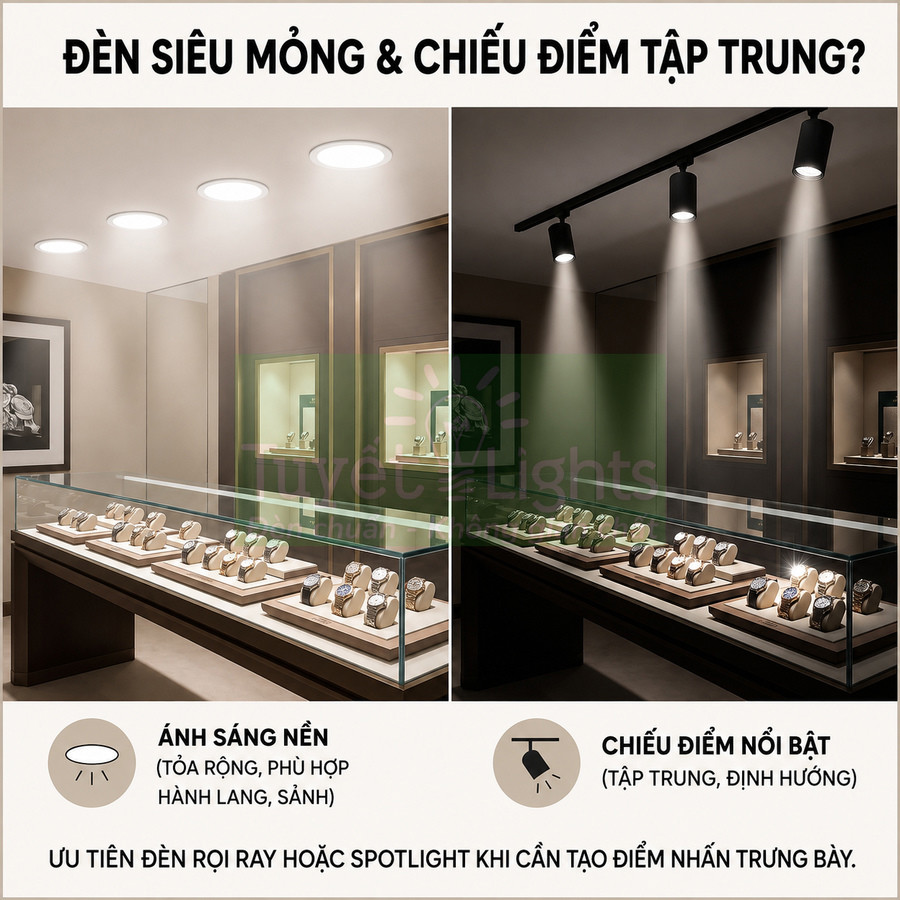 So sánh đèn âm trần siêu mỏng và đèn rọi ray chiếu điểm cho tủ trưng bày đồng hồ cao cấp