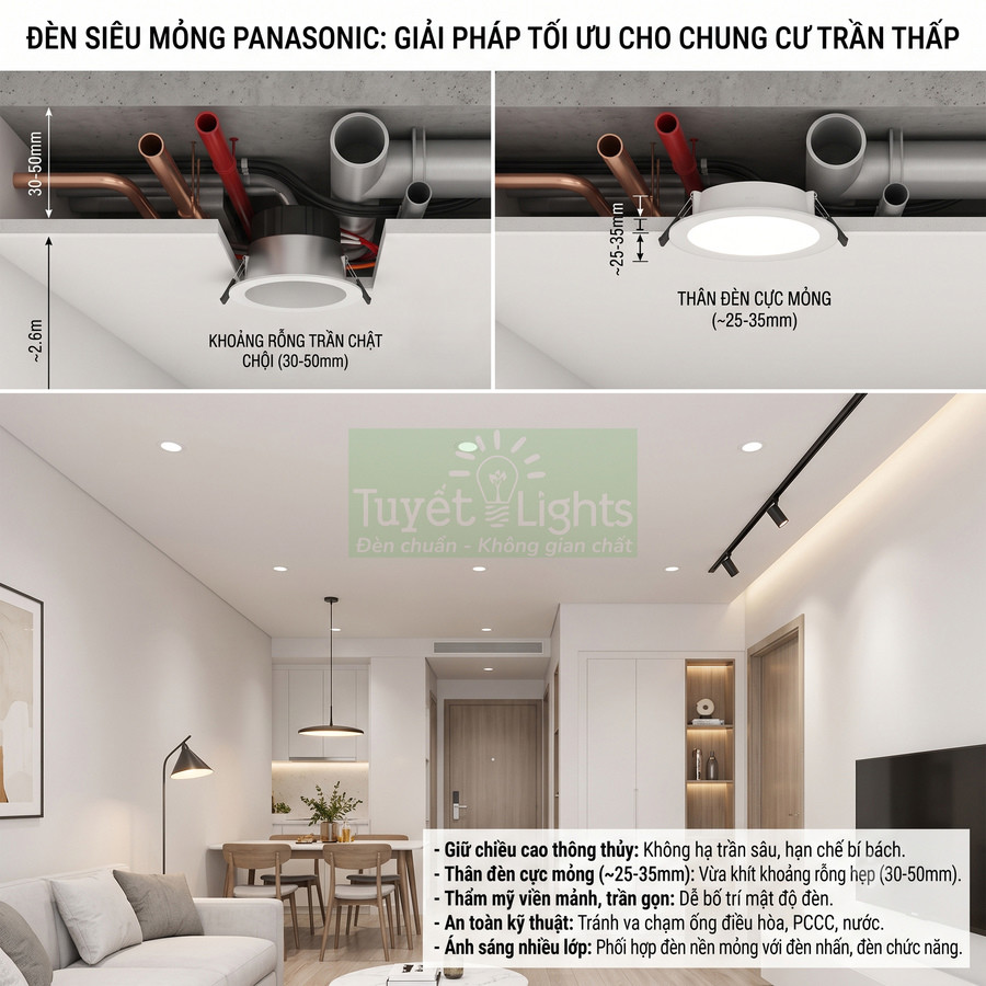 Đèn âm trần siêu mỏng Panasonic lắp cho trần chung cư thấp trong phòng khách hiện đại