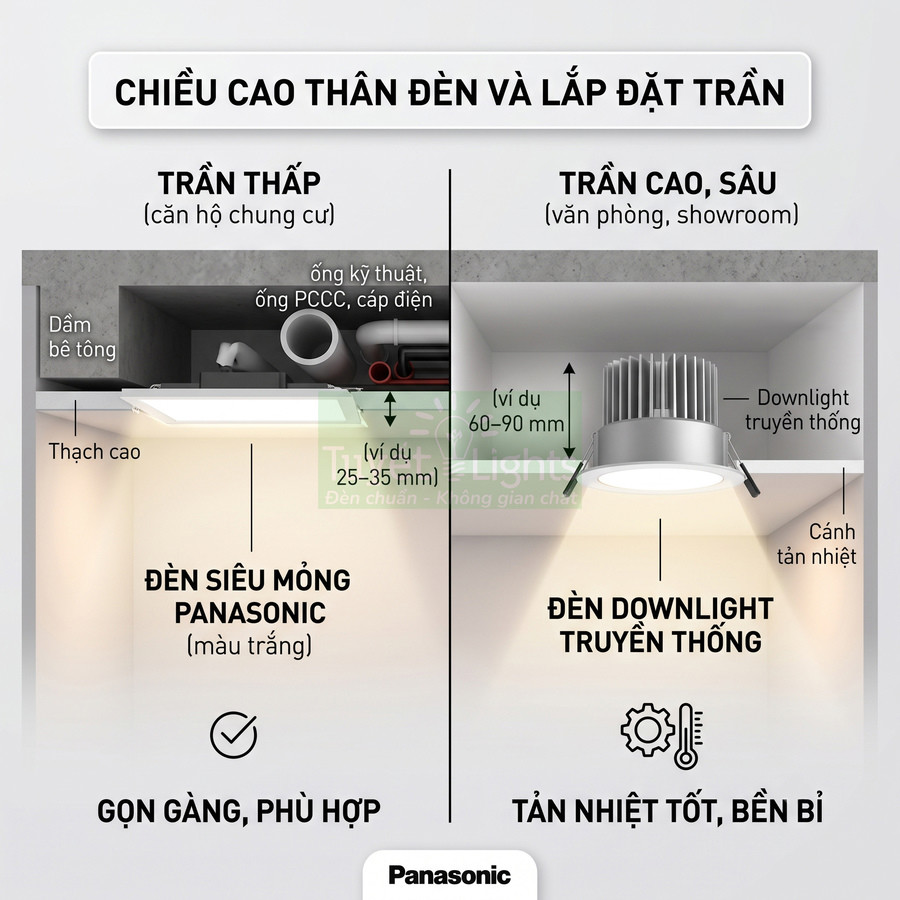 So sánh đèn siêu mỏng Panasonic và đèn downlight truyền thống cho trần thấp và trần cao
