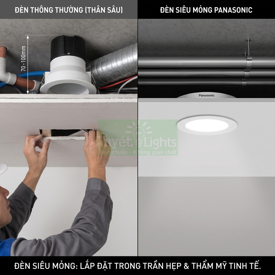 So sánh đèn âm trần thường và đèn siêu mỏng Panasonic lắp đặt trong trần hẹp, thiết kế gọn và thẩm mỹ