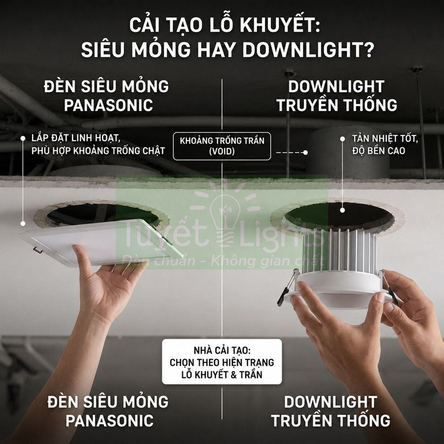 So sánh đèn siêu mỏng Panasonic và đèn downlight truyền thống khi lắp đặt trên trần nhà