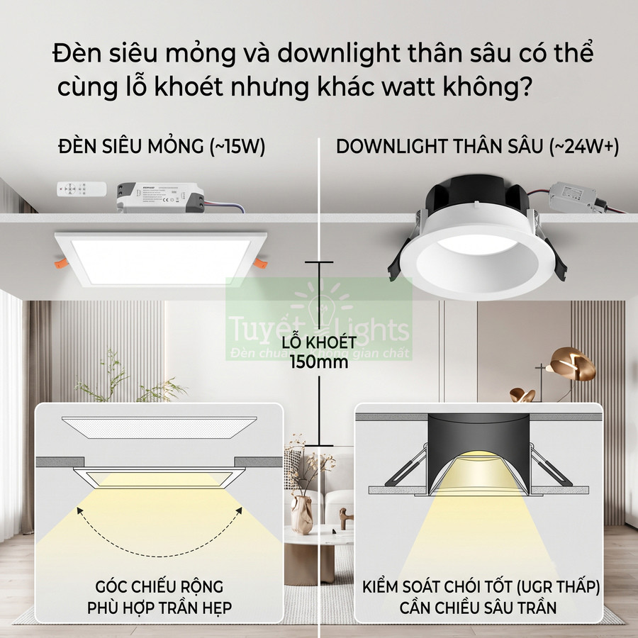 So sánh đèn LED siêu mỏng 15W và đèn downlight thân sâu 24W cùng lỗ khoét 150mm cho trần nhà