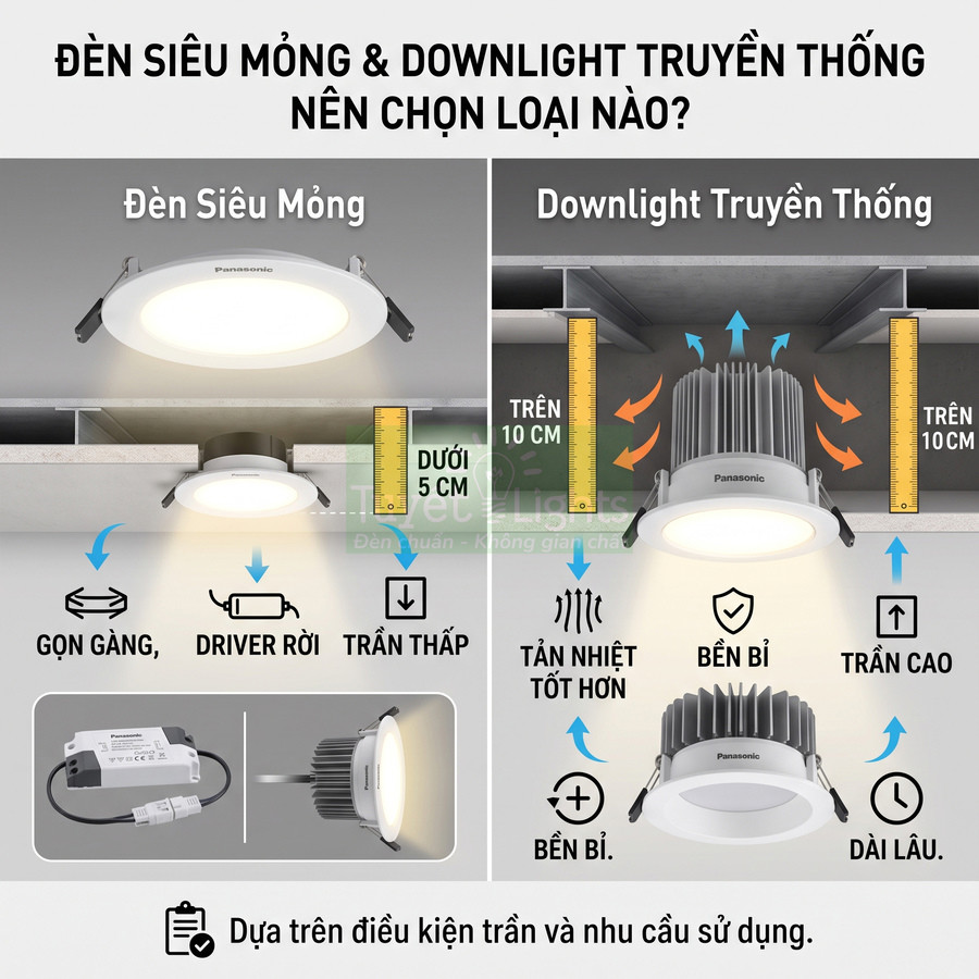 So sánh đèn LED siêu mỏng Panasonic và đèn downlight truyền thống Panasonic cho trần thấp và trần cao