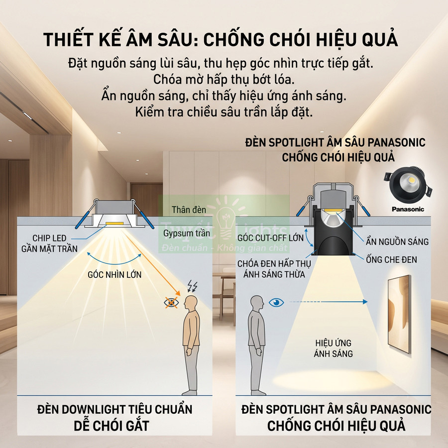 Đèn spotlight âm trần Panasonic chống chói, thiết kế âm sâu so sánh với đèn downlight tiêu chuẩn
