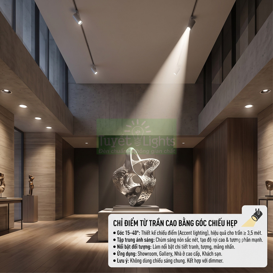 Đèn rọi ray Tuyết Lights chiếu điểm trần cao góc hẹp cho không gian trưng bày nghệ thuật hiện đại