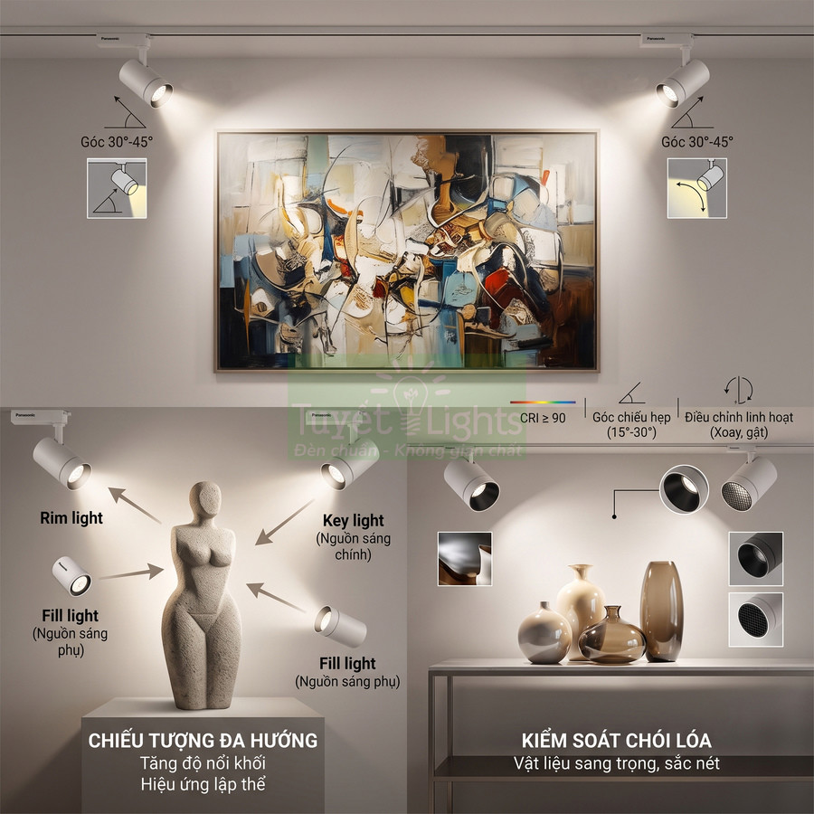 Đèn rọi ray Panasonic chiếu tranh và tượng trang trí, tạo hiệu ứng ánh sáng nghệ thuật trong phòng trưng bày