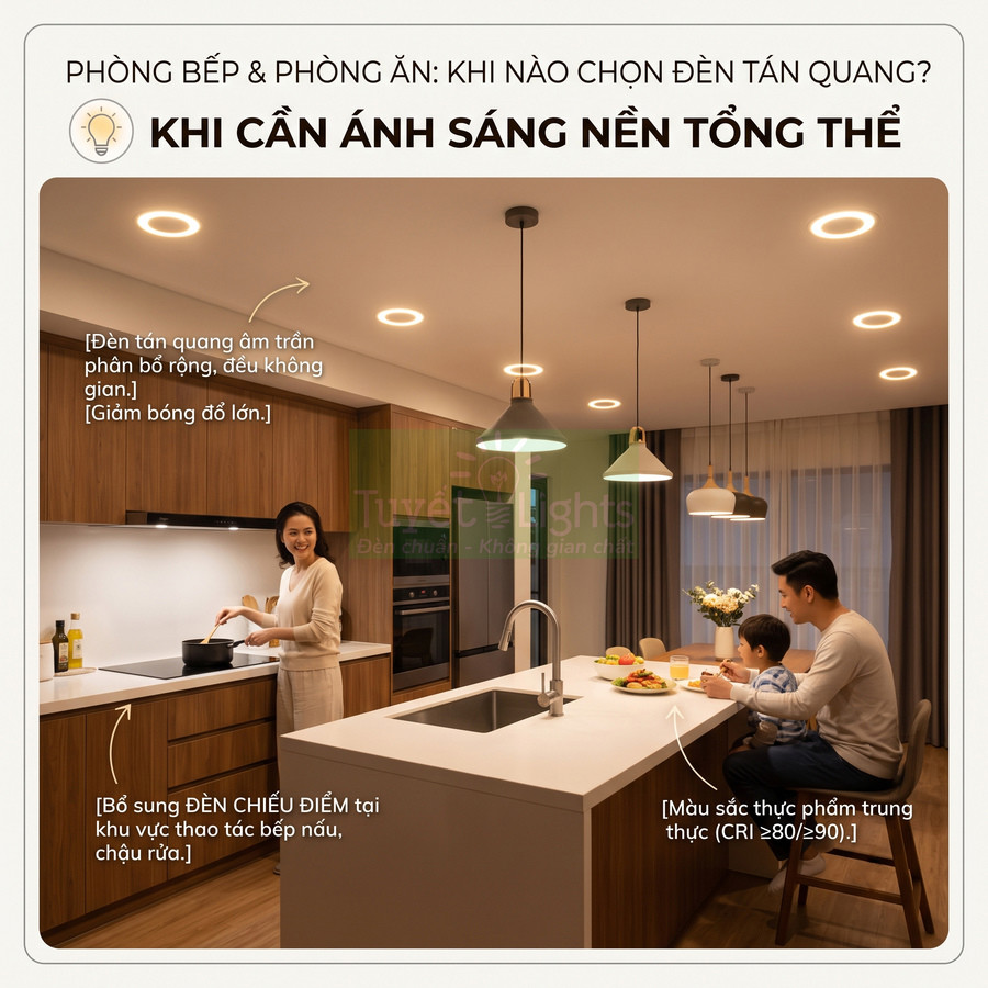 Đèn tán quang âm trần và đèn thả hiện đại chiếu sáng toàn bộ phòng bếp và bàn ăn gia đình