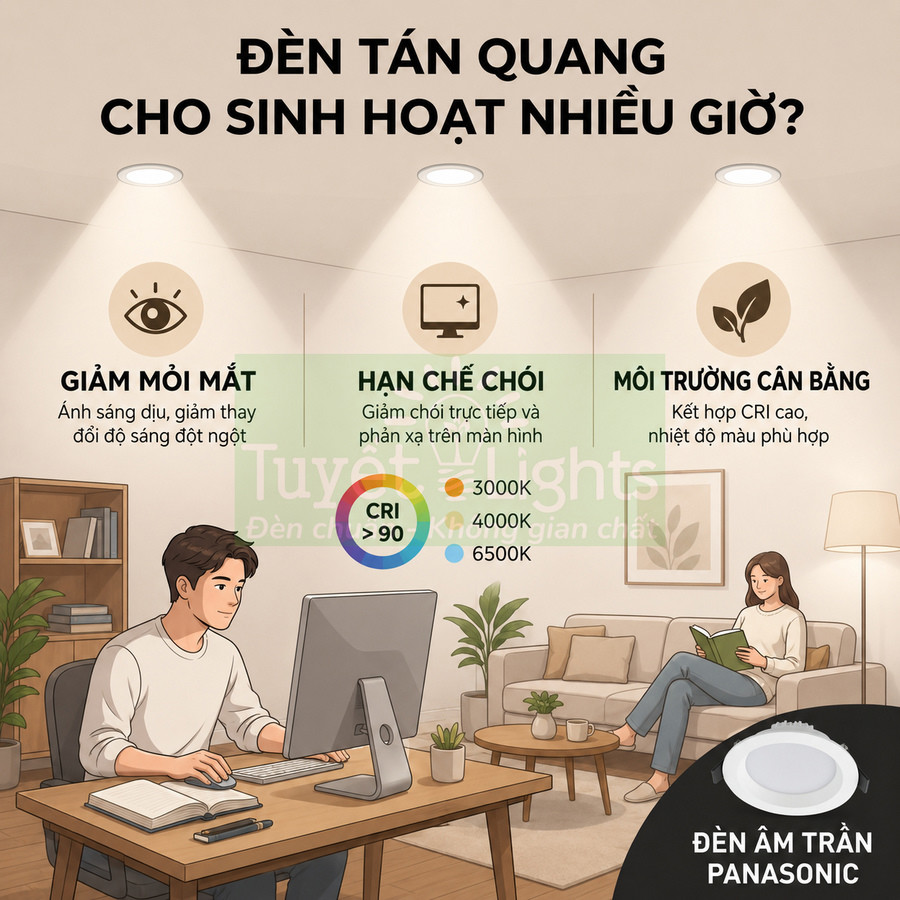 Đèn âm trần Panasonic tán quang cho phòng làm việc và phòng khách, giảm mỏi mắt và hạn chế chói khi sử dụng lâu