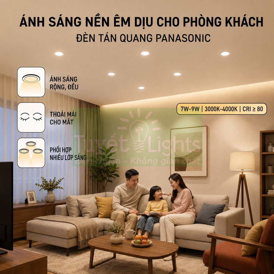 Đèn tán quang Panasonic chiếu sáng êm dịu cho phòng khách gia đình ngồi trên sofa