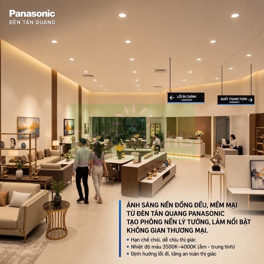Đèn tán quang Panasonic chiếu sáng trần phòng thương mại hiện đại với quầy lễ tân và khu tiếp khách sang trọng