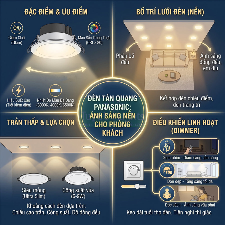 Đèn tán quang Panasonic âm trần cho phòng khách, ánh sáng nền dịu, hiệu suất cao, nhiều mức công suất và nhiệt độ màu