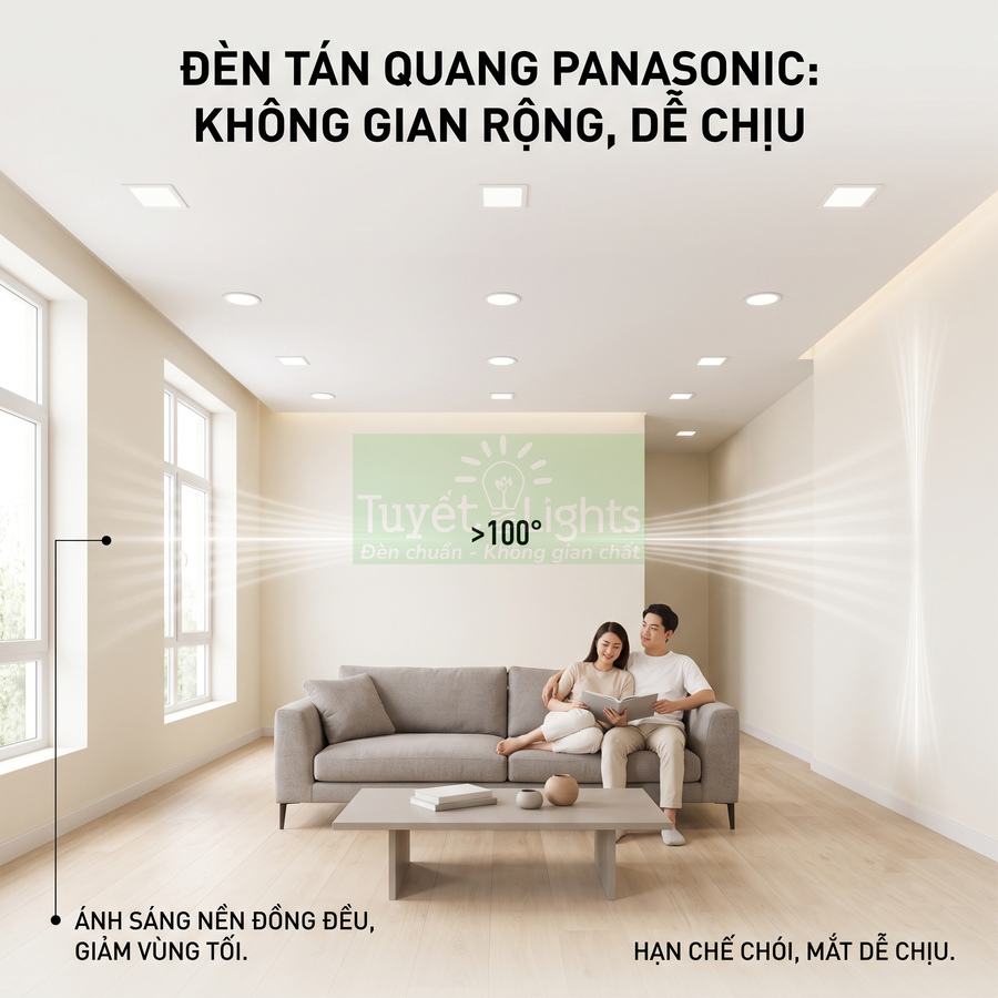 Đèn tán quang Panasonic chiếu sáng phòng khách rộng, ánh sáng dịu mắt cho cặp đôi ngồi trên sofa