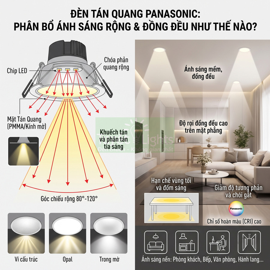 Đèn tán quang Panasonic LED chiếu sáng trần phòng khách hiện đại với ánh sáng mềm và phân bố đồng đều