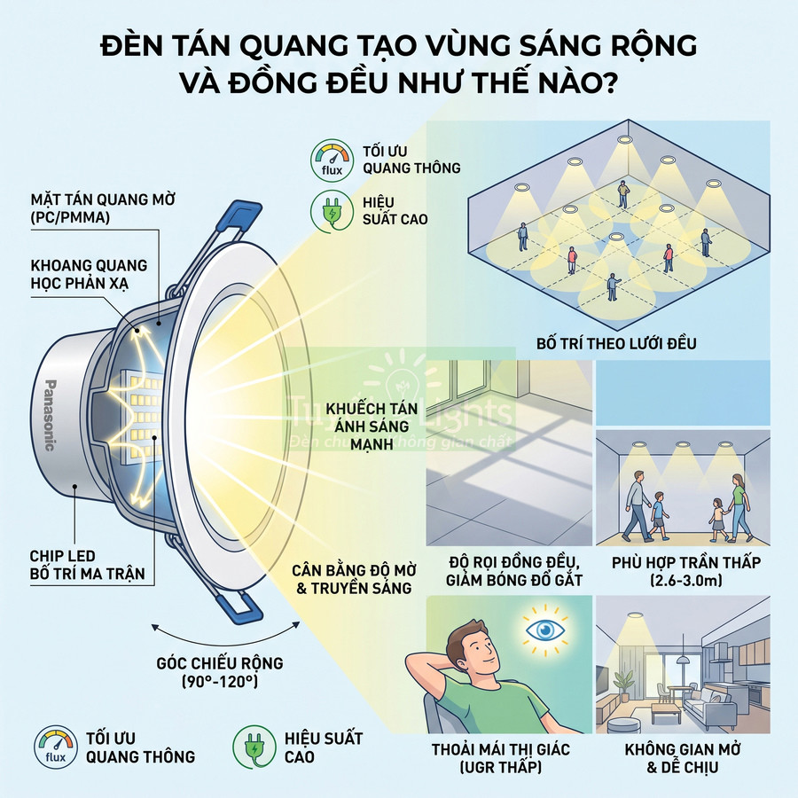 Đèn LED âm trần Panasonic tán quang góc chiếu rộng cho ánh sáng đồng đều, giảm chói, phù hợp nhiều không gian