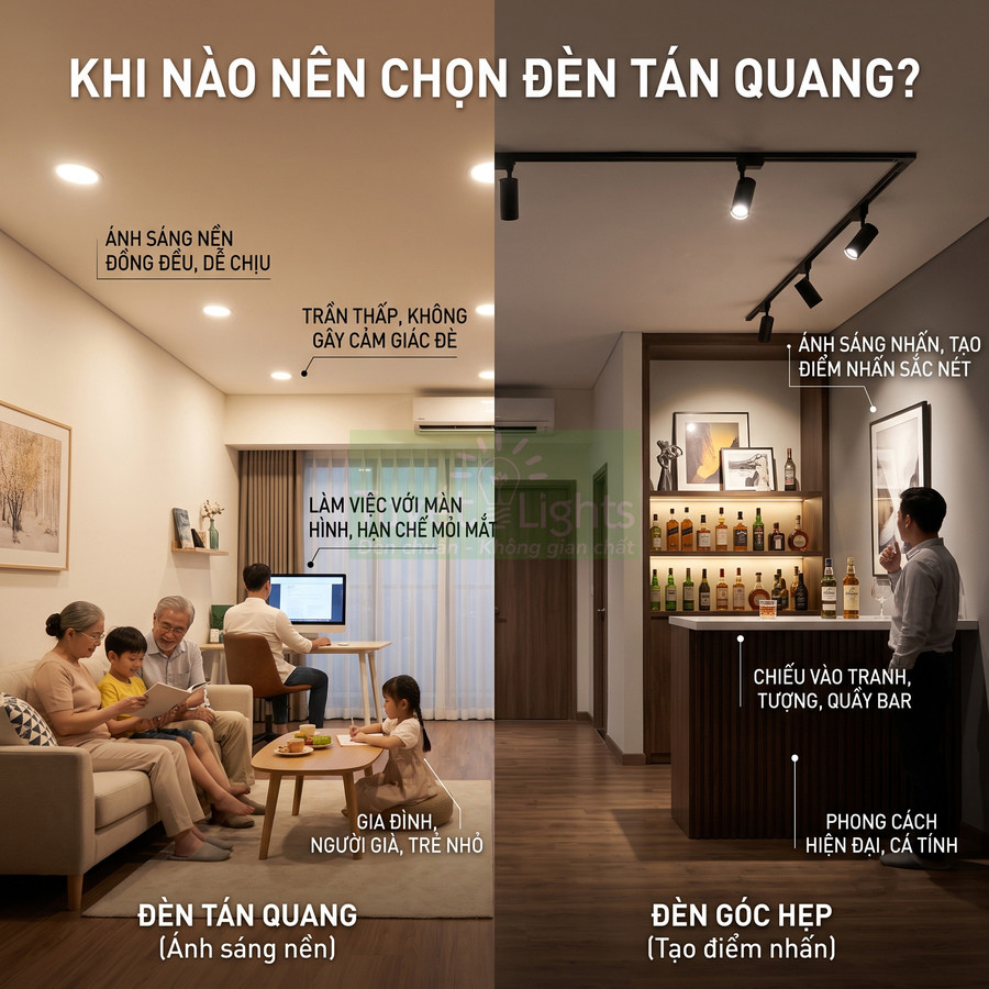 So sánh đèn tán quang ánh sáng nền cho phòng khách gia đình và đèn góc hẹp chiếu điểm cho quầy bar hiện đại