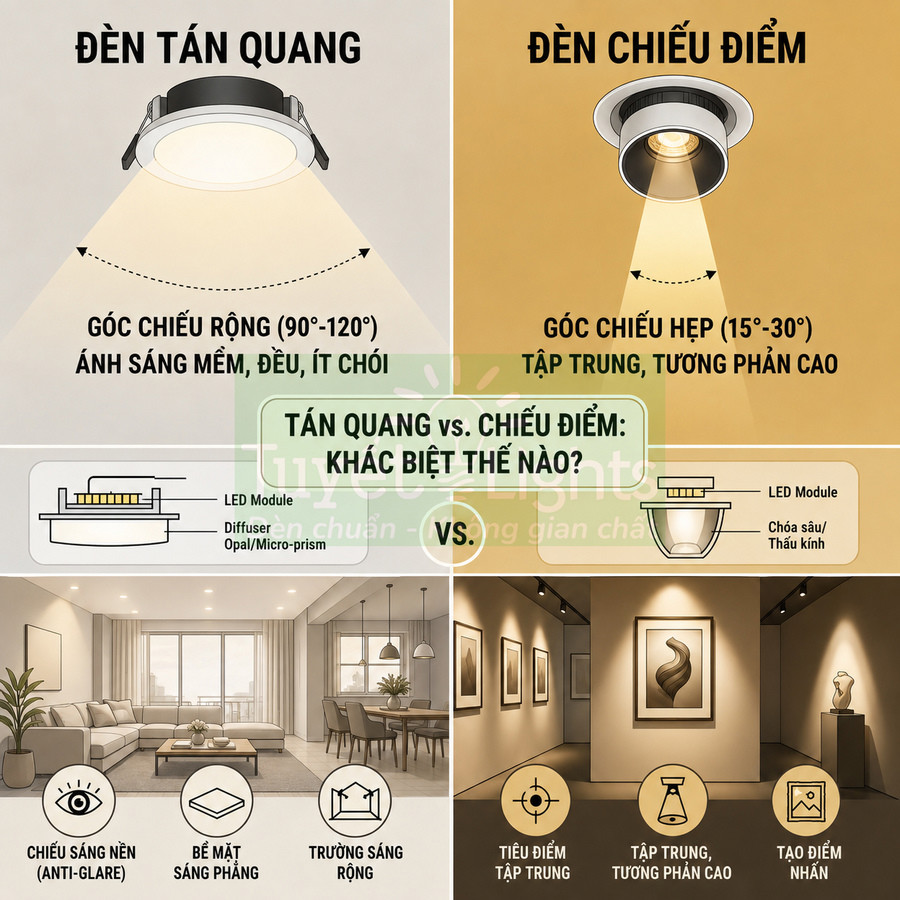 So sánh đèn LED tán quang và đèn LED chiếu điểm với góc chiếu, đặc tính ánh sáng và ứng dụng nội thất