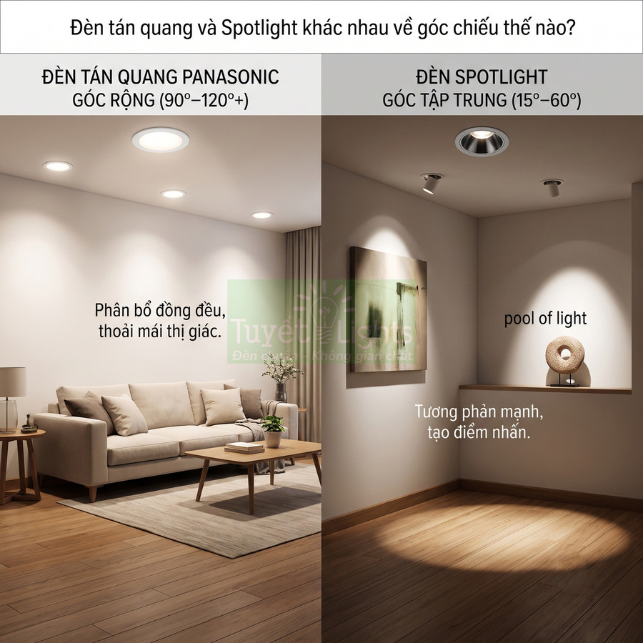 So sánh đèn tán quang Panasonic góc rộng và đèn spotlight góc hẹp trong phòng khách hiện đại
