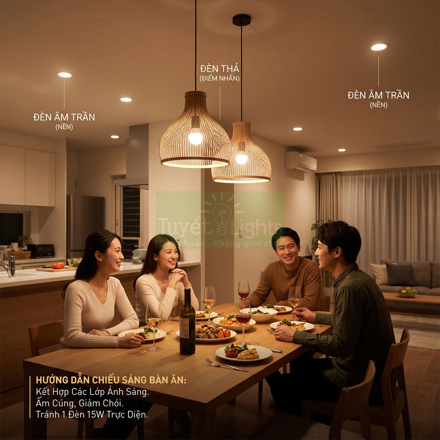 Đèn thả mây tre trang trí bàn ăn trong phòng ăn hiện đại, ánh sáng ấm áp cho bữa tối gia đình