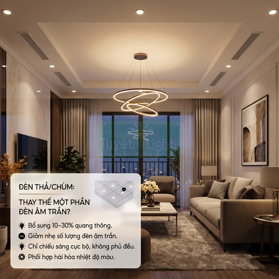 Đèn thả trần LED hiện đại Tuyết Lights chiếu sáng phòng khách sang trọng với sofa và bàn trà