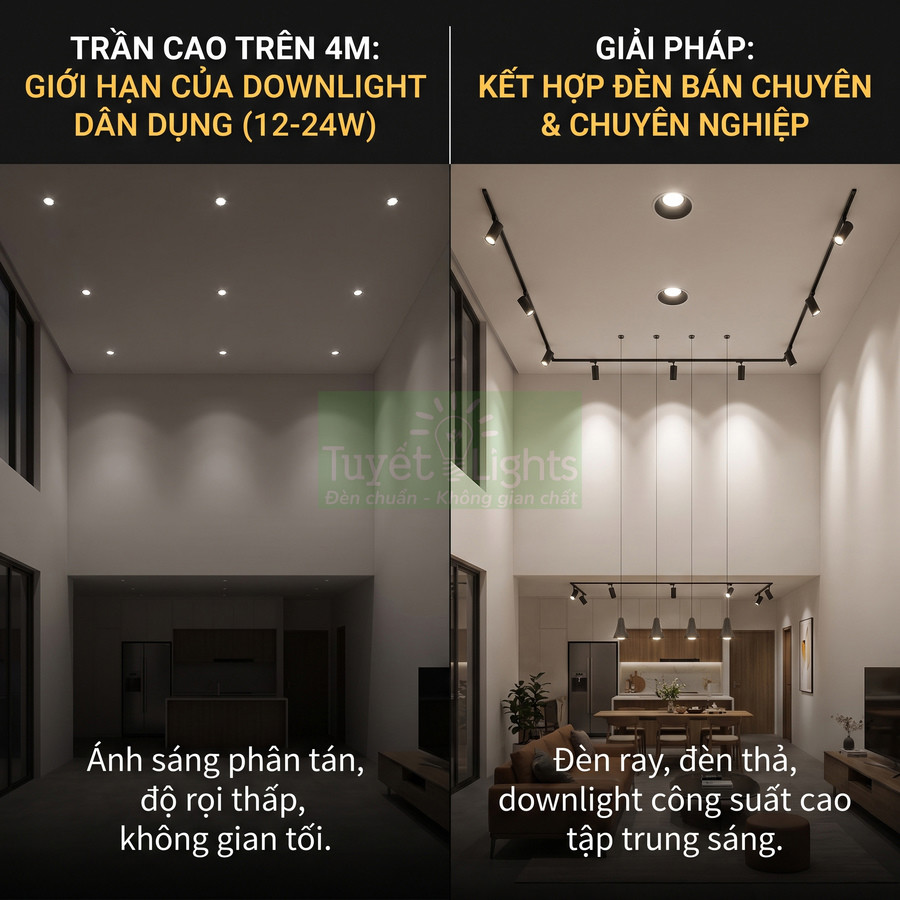So sánh trần cao dùng đèn downlight dân dụng và giải pháp đèn ray, đèn thả, downlight công suất cao Tuyết Lights