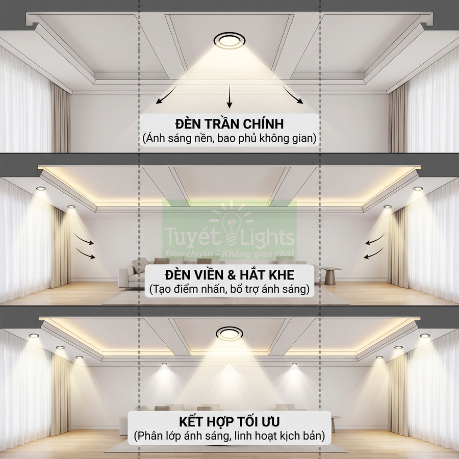 Thiết kế trần phòng khách với đèn trần chính, đèn viền hắt khe Tuyết Lights cho ánh sáng nhiều lớp