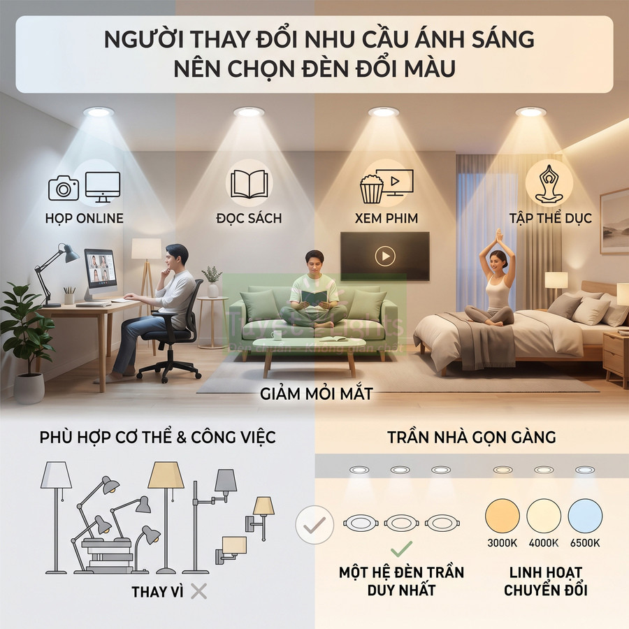 Đèn trần đổi màu cho phòng làm việc và phòng ngủ, phù hợp họp online, đọc sách, xem phim, tập thể dục