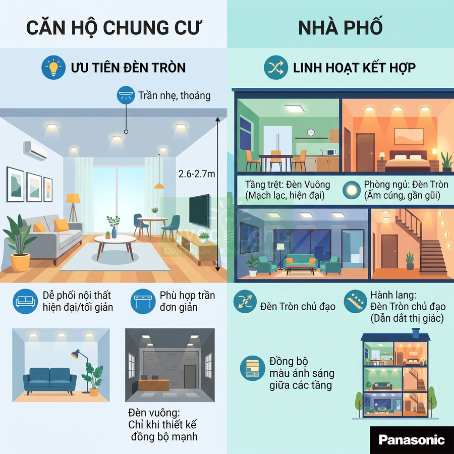 Infographic Panasonic hướng dẫn chọn đèn trần tròn và đèn vuông cho căn hộ chung cư và nhà phố