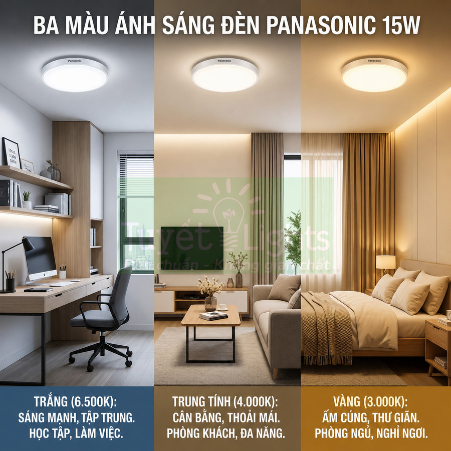 Đèn trần Panasonic 15W ba màu ánh sáng cho phòng làm việc, phòng khách và phòng ngủ