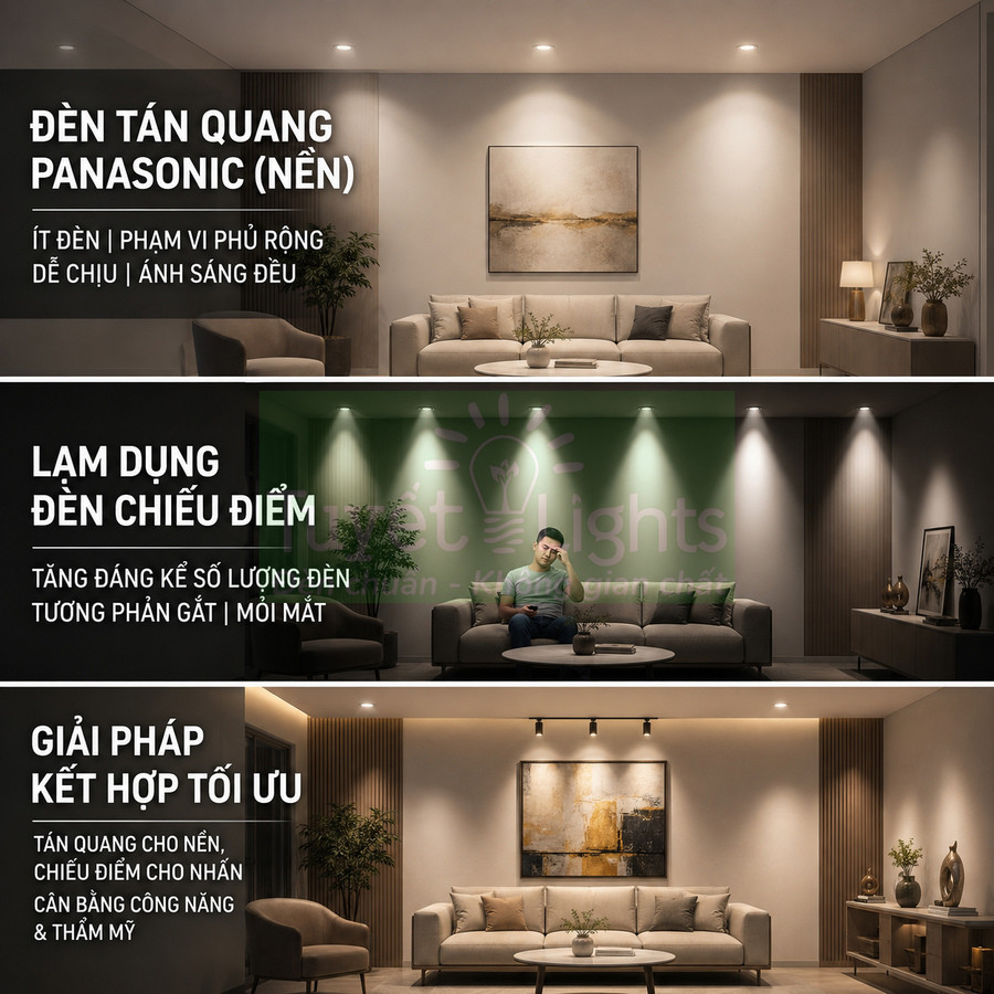 So sánh bố trí đèn trần Panasonic tán quang và đèn chiếu điểm trong phòng khách hiện đại