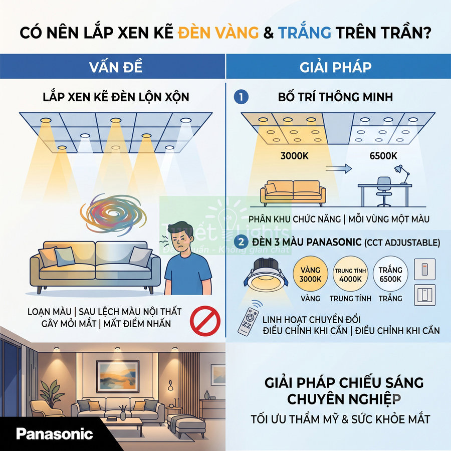 Infographic đèn trần Panasonic 3 màu vàng trung tính trắng, giải pháp bố trí chiếu sáng thẩm mỹ cho phòng khách