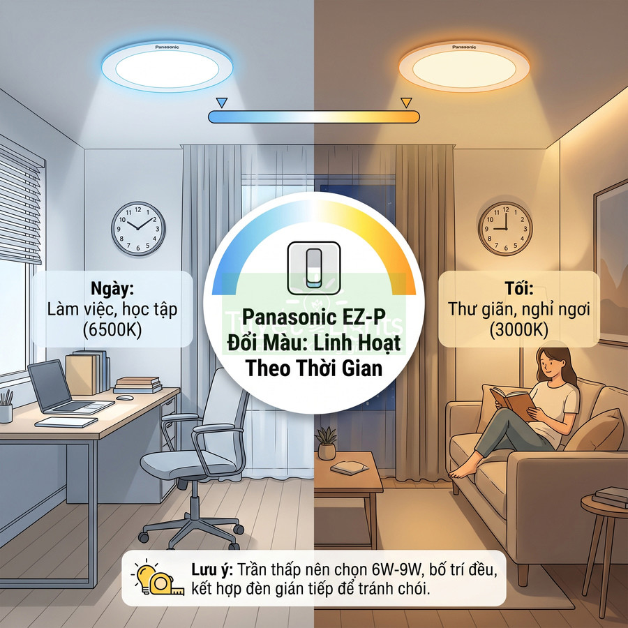 Đèn trần Panasonic EZ-P đổi màu linh hoạt cho phòng làm việc ban ngày và phòng khách thư giãn buổi tối