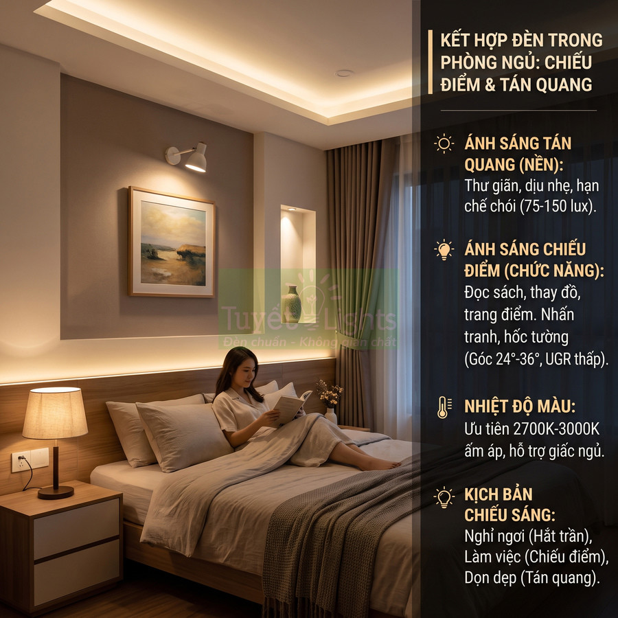 Phòng ngủ hiện đại với hệ thống đèn Tuyết Lights chiếu điểm và tán quang, tạo ánh sáng ấm áp cho giường ngủ