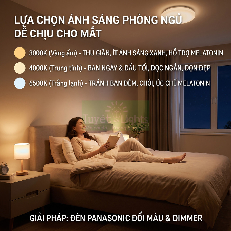 Đèn trần Panasonic đổi màu cho phòng ngủ, ánh sáng vàng ấm dễ chịu, người phụ nữ đọc sách trên giường