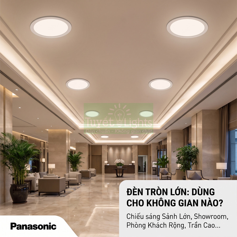 Đèn trần tròn Panasonic chiếu sáng sảnh lớn sang trọng với trần cao và nội thất hiện đại