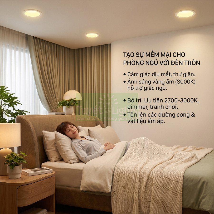 Đèn trần âm tròn ánh sáng vàng ấm cho phòng ngủ, tạo không gian thư giãn khi ngủ