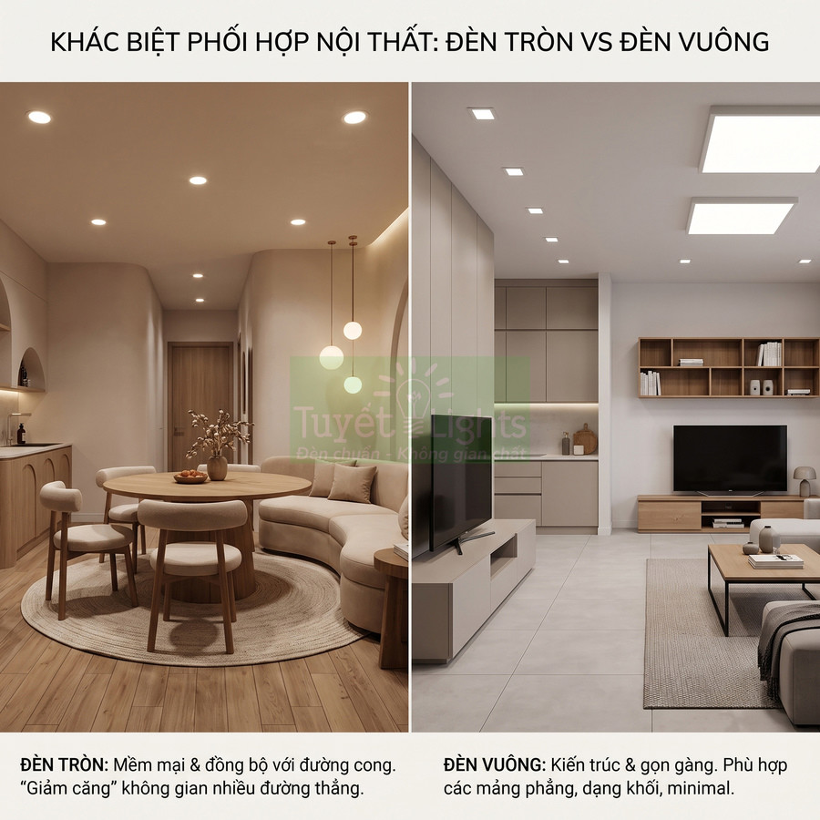 So sánh phòng khách dùng đèn tròn âm trần và đèn vuông âm trần trong thiết kế nội thất hiện đại