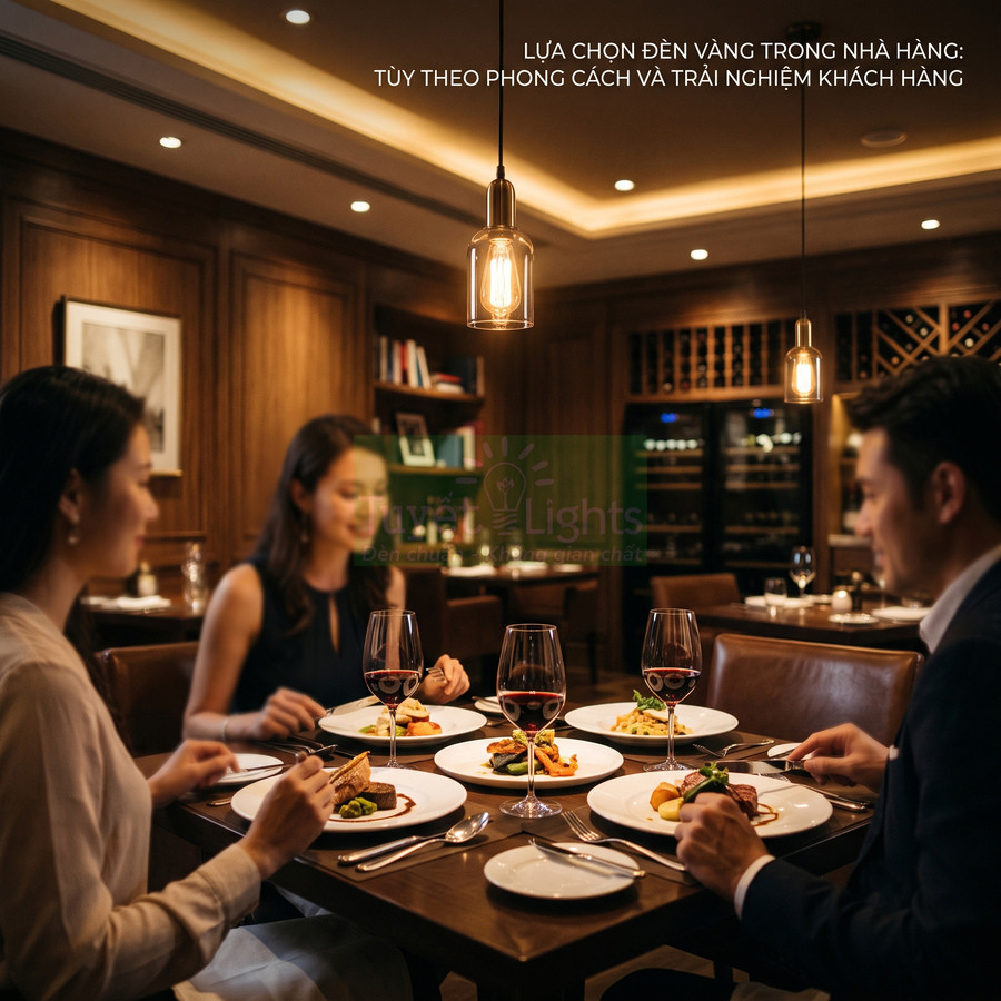 Đèn thả trần ánh sáng vàng trên bàn ăn nhà hàng sang trọng với bốn người dùng bữa tối