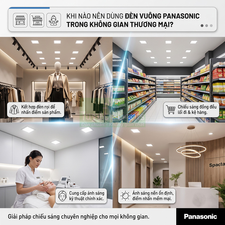 Đèn vuông âm trần Panasonic chiếu sáng cửa hàng thời trang, siêu thị, spa và phòng khám chuyên nghiệp