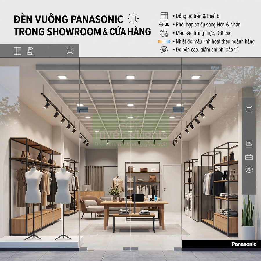 Đèn vuông Panasonic chiếu sáng showroom thời trang hiện đại với trần thạch cao và nội thất trưng bày quần áo