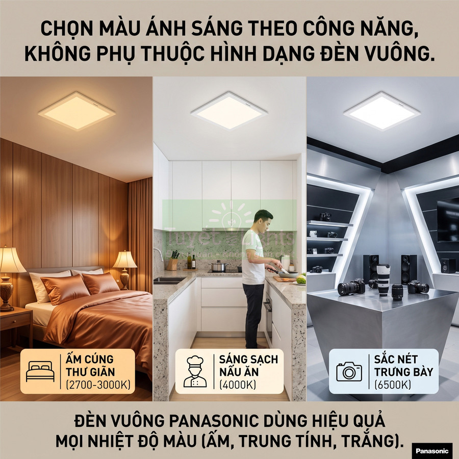 Đèn vuông Panasonic trần nhà với ba chế độ màu ấm, trung tính, trắng cho phòng ngủ, bếp và phòng trưng bày
