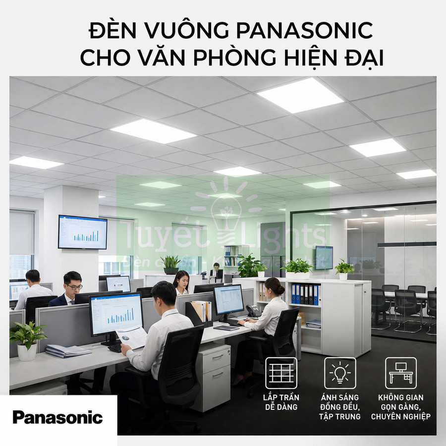 Đèn vuông Panasonic lắp trần chiếu sáng văn phòng hiện đại với nhân viên làm việc tại bàn máy tính