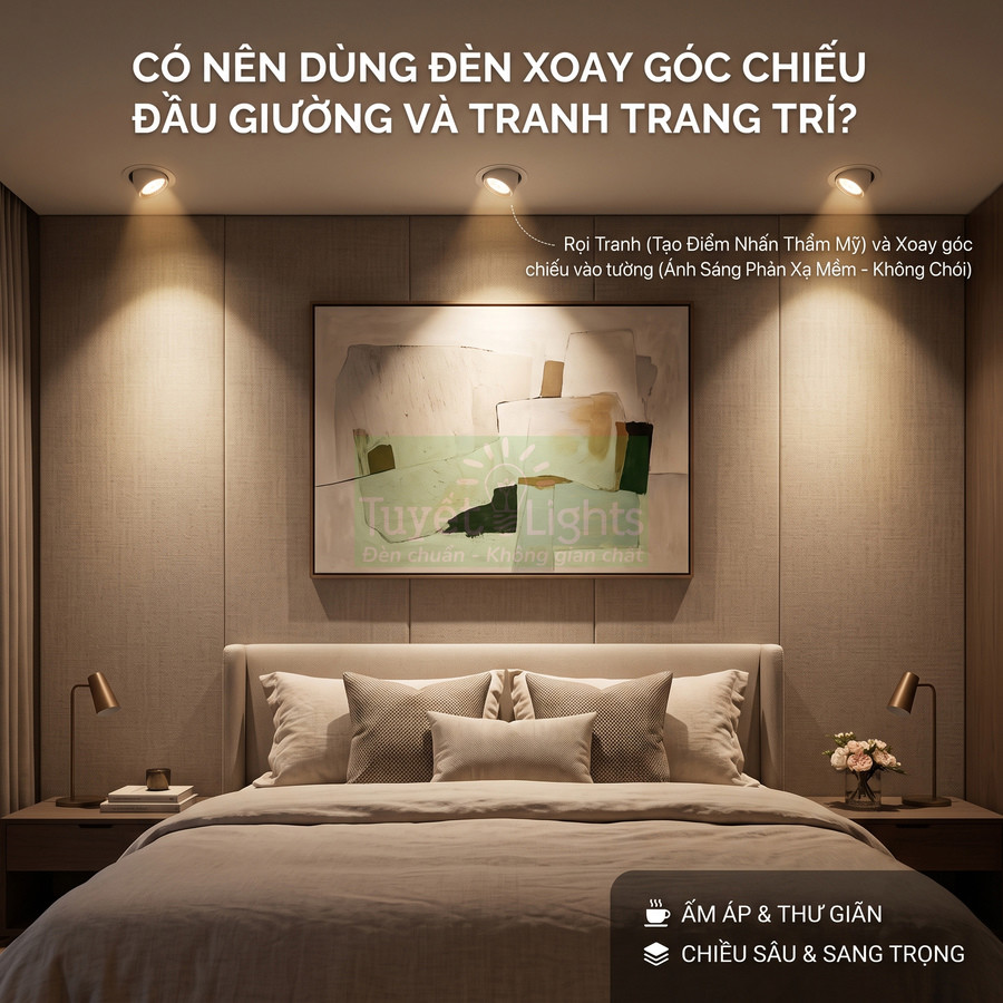 Đèn rọi xoay góc chiếu đầu giường và tranh trang trí trong phòng ngủ hiện đại, ánh sáng ấm áp