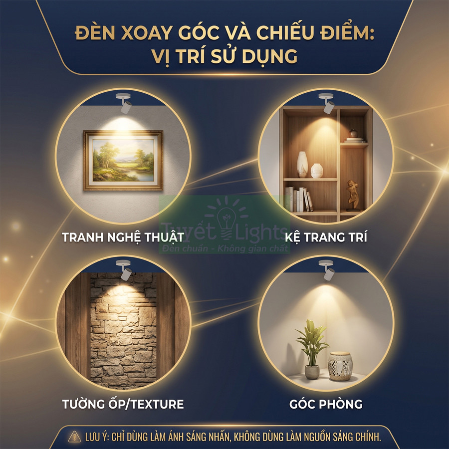 Đèn xoay góc chiếu điểm Tuyết Lights dùng chiếu tranh nghệ thuật, kệ trang trí, tường ốp và góc phòng